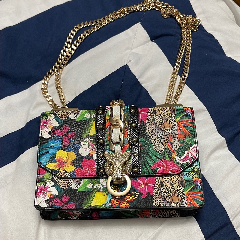 Aldo Multicolor Floral and Leopard Crossbody Bag with Gold Chain